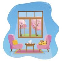 knus vlak concept huis leven kamer interieur. roze zacht fauteuils met tafel en slapen huisdieren in kamer met groot raam.buiten voorjaar zonnig natuur met bloeiend bomen.plat tekenfilm vector illustratie