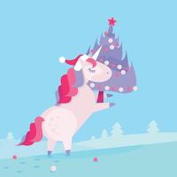 een Kerstmis eenhoorn in een de kerstman claus hoed draagt een versierd Kerstmis boom huis. teder roze en blauw kleuren. vlak tekenfilm stijl illustratie. vector