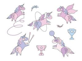 lijn tekening schattig baby eenhoorns in ritmisch gymnastiek. reeks van mooi pony aan het doen ritmisch gymnastiek met lint, bal, hoepel, overslaan touw. vlak tekenfilm stijl illustratie Aan wit achtergrond vector