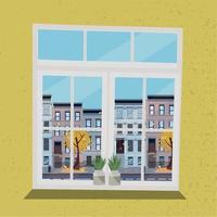 venster met visie van huizen Aan straat met weg in stad- en geel bomen, vliegend bladeren. herfst interieur met planten en geel behang. zonnig mooi zo weer buiten. vlak tekenfilm vector illustratie.
