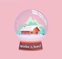 winter is hier sneeuw wereldbol met een klein huis, bergen en dennenboom onder de sneeuw. nieuw jaar geschenk. winter besneeuwd landschap met sneeuwvlokken vlak vector illustratie in roze munt kleuren