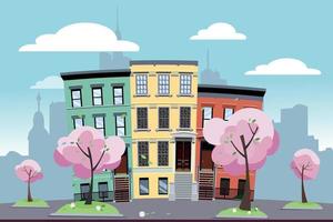grappig veelkleurig laag stad appartement gebouwen Aan de achtergrond van een groot stad. in voorkant van de huizen zijn bloeiend voorjaar bomen Aan groen gazons. vlak tekenfilm vector illustratie