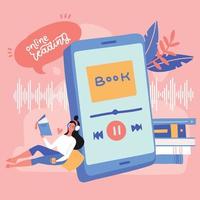 vrouw luisteren naar een audioboek met koptelefoon. audioboeken concept. online boek mobiel toepassing voor smartphone scherm, afstand onderwijs e-leren. vlak vector illustratie.