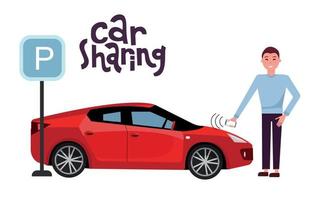 Mens opent een rood auto weergegeven in een auto sharing met een mobiel telefoon. kant visie van sport- auto Aan parkeren veel in de buurt parkeren teken. afgelegen begin machine. vector vlak tekenfilm illustratie met hand- belettering.