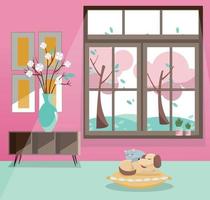 venster met visie van roze bloeiend bomen, vliegend bladeren. voorjaar interieur met slapen kat en hond, vaas, afbeeldingen Aan roze behang. regenachtig mooi zo weer buiten. vlak tekenfilm stijl vector illustratie.