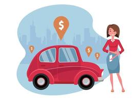 vrouw verzoeken om rijden Aan cel telefoon. huur een auto gebruik makend van mobiel app. online autorijden concept.small schattig rood auto Aan achtergrond van silhouet van stad en geolocatie teken.vector vlak tekenfilm illustratie vector