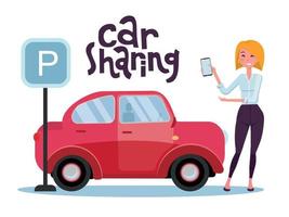 bedrijf vrouw Holding smartphone in haar hand- in de buurt rood auto in de parkeren veel en parkeren teken. huur auto gebruik makend van mobiel app. online autorijden concept.belettering quote.vector vlak tekenfilm illustratie vector