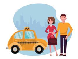 glimlachen jong Mens en vrouw zijn staand De volgende naar een schattig geel taxi tegen de silhouet van een groot stad. handig stedelijk reizen concept voor jong bedrijf mensen. vector vlak tekenfilm illustratie