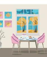 vlak illustratie dining tafel met stoelen en koffie cups in de buurt venster met herfst visie en geel jullie, kleurrijk vector illustratie in tekenfilm vlak stijl Aan beige achtergrond.