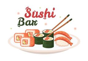 sushi bar Japan Aziatisch voedsel of restaurant van sashimi en broodjes voor aan het eten met soja saus en wasabi in sjabloon hand- getrokken tekenfilm vlak illustratie vector