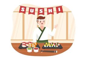 sushi bar Japan Aziatisch voedsel of restaurant van sashimi en broodjes voor aan het eten met soja saus en wasabi in sjabloon hand- getrokken tekenfilm vlak illustratie vector