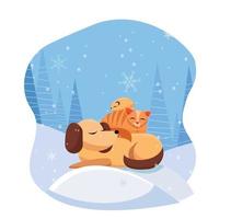 huisdieren slaapt comfortabel Aan sneeuwjacht in besneeuwd Woud. kat slaapt Aan hond, hamster slaapt Aan kat. zijn sneeuwen met groot sneeuwvlokken. vlak tekenfilm vector illustratie