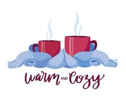 twee wijnachtig mokken in gebreid sjaal. samenstelling van 2 cups met belettering warm wensen en knus. kopjes, verpakt in warm sjaal. atmosfeer voor kom tot rust thee feest. vlak tekenfilm illustratie Aan wit achtergrond vector