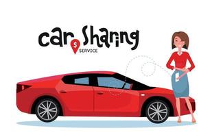 online auto delen. vrouw boek auto door app Aan mobiel telefoon. vervoer onderhoud online. belettering auto sharing onderhoud. gelukkig persoon in voorkant van rood sport auto. vector vlak tekenfilm illustratie