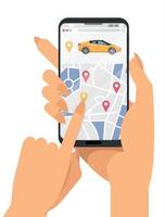 twee vrouw handen Holding smartphone en aanraken scherm met stad kaart en mobiel GPS navigatie. vinden de auto sharing voor huur. vlak tekenfilm vector illustratie met geel modern voertuig