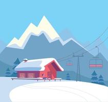 winter besneeuwd landschap met ski toevlucht, tillen, kabel auto, rood huis, met sneeuw bedekt dak, onaangeroerd natuur en winter bergen landschap. vlak tekenfilm stijl vector illustratie.