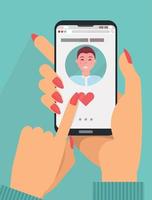 online dating app concept. vrouw handen in pak Holding smartphone met schattig donker haar- Mens Aan scherm.online daten, lang afstand verhouding concept. vinger persen hart knop. vlak tekenfilm vector