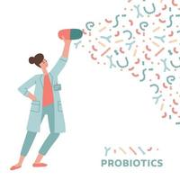 vrouw dokter Holding probiotica capsule. concept probiotisch, dysbacteriose, darm microflora, microbioom, microbiota, problemen met spijsvertering en immuniteit. hand- getrokken vlak vector illustratie