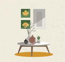 illustratie van een interieur groep. een tafel Aan poten met een klei vazen, binnen- planten en posters Aan de muur. beige muur met ruw textuur. vlak tekenfilm stijl vector illustratie.