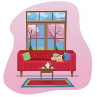 modern vlak ontwerp concept leven kamer interieur in kleur plek Aan wit achtergrond. rood sofa met tafel, tapijt, in kamer met groot venster. buiten voorjaar natuur met bloesem bomen. vlak tekenfilm vector