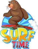 zee leeuw tekenfilm karakter met surfen tijd woord vector