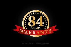 84 jaren garantie gouden logo met ring en rood lint geïsoleerd Aan zwart achtergrond, vector ontwerp voor Product garantie, garantie, onderhoud, zakelijk, en uw bedrijf.
