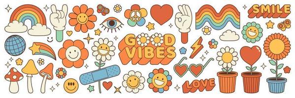 groovy hippie jaren 70 stickers. grappig tekenfilm bloem, regenboog, vrede, hart in retro psychedelisch stijl. vector