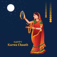 gelukkig karwa chauth festival kaart met Indisch vrouw viering achtergrond vector