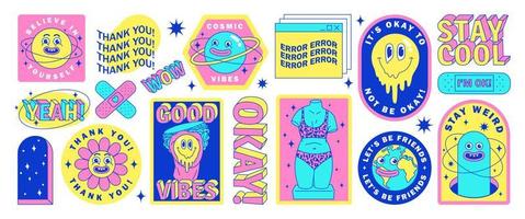 sticker pak van grappig tekenfilm karakters, Grieks standbeelden, aarde, planeet en elementen in psychedelisch raar stijl. vector