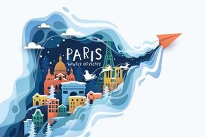 papier vlak vliegend naar Parijs mijlpaal over- stad gebouwen in winter vector