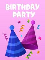 verjaardag feest. feestelijk verjaardag uitnodiging met petten en confetti vector