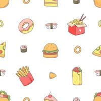 naadloos patroon met snel voedsel in een schattig kawaii tekening stijl. vector rommel voedsel achtergrond illustratie.