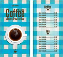 koffie huis menu met een beker. altijd vers koffie. cafe ontwerp menu retro stijl blauw tafelkleed achtergrond vector