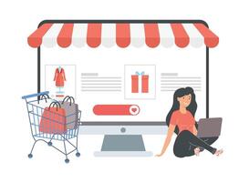 vrouw met bureaublad ecommerce vector