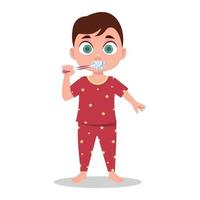 een jongen in pyjama borstels zijn tanden vector