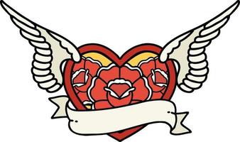 traditioneel tatoeëren van een vliegend hart met bloemen en banier vector