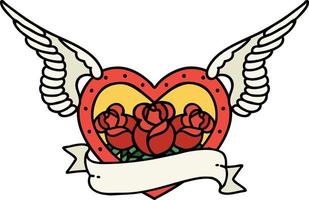 traditioneel tatoeëren van een vliegend hart met bloemen en banier vector