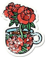 traditioneel verontrust sticker tatoeëren van een kop en bloemen vector
