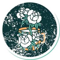 verontrust sticker tatoeëren stijl icoon van een kop en bloemen vector