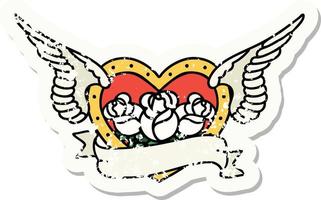 verontrust sticker tatoeëren in traditioneel stijl van een vliegend hart met bloemen en banier vector