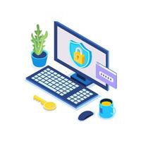 gegevensbescherming. internetbeveiliging, privacytoegang met wachtwoord. isometrische computer, schild, slot vector