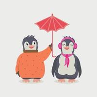 twee schattig pinguïns in liefde. een pinguïn in een trui houdt een paraplu over- een ander pinguïn. vogel paar en een paraplu. romantisch vector illustratie voor Valentijnsdag dag
