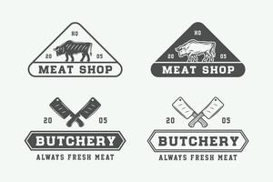 reeks van wijnoogst slagerij vlees, steak of bbq logo's, emblemen, insignes, etiketten. grafisch kunst. illustratie. vector