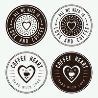 reeks van wijnoogst koffie logo's, etiketten en emblemen met beker, schotel en granen vector