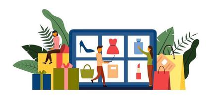 online winkelen, e-commerce concept met karakter, vector illustratie