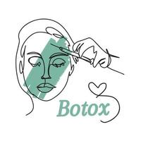 een lijn tekening, meisjes gezicht, botox, handgeschreven belettering, injectie injectiespuit vector