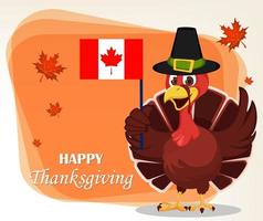 dankzegging groet kaart met een kalkoen vogel vervelend een pelgrim hoed en Holding Canadees vlag. vector