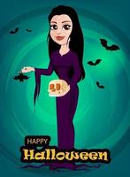 halloween. mooi dame heks in gotisch stijl vervelend zwart lang jurk. vector