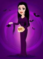 halloween. mooi dame heks in gotisch stijl vervelend zwart lang jurk. vector