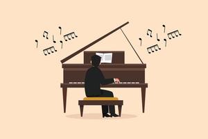 bedrijf ontwerp tekening Mens Toneelstukken piano. mannetje performer zit Bij musical instrument en Toneelstukken jazz- of blues. professioneel musicus. persoon presteert Aan fase. vlak tekenfilm stijl vector illustratie